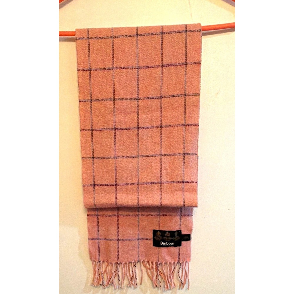 Vintage Barbour Lambswool Scarf Pink Plaid with Fringe Royal Warrant Scotland